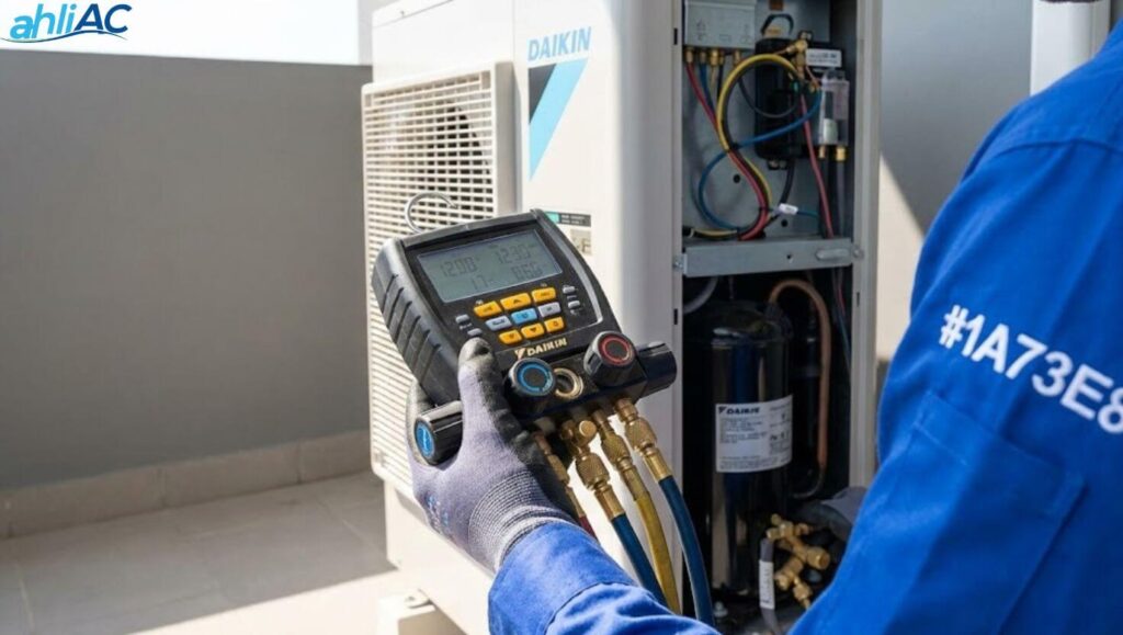 Proses pengecekan tekanan freon AC Daikin 1/2 PK menggunakan alat ukur manifold gauge.