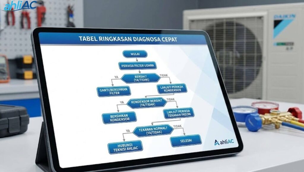 Diagram alir langkah-langkah troubleshooting AC central Daikin yang tidak dingin.