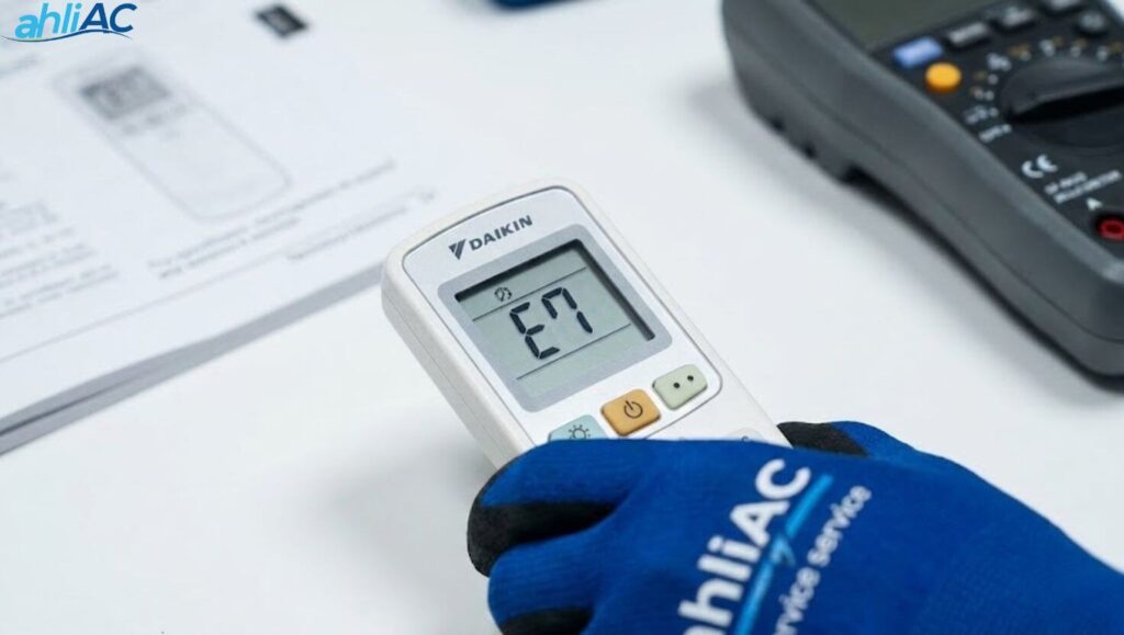 Tampilan kode error pada remote AC central Daikin untuk identifikasi masalah