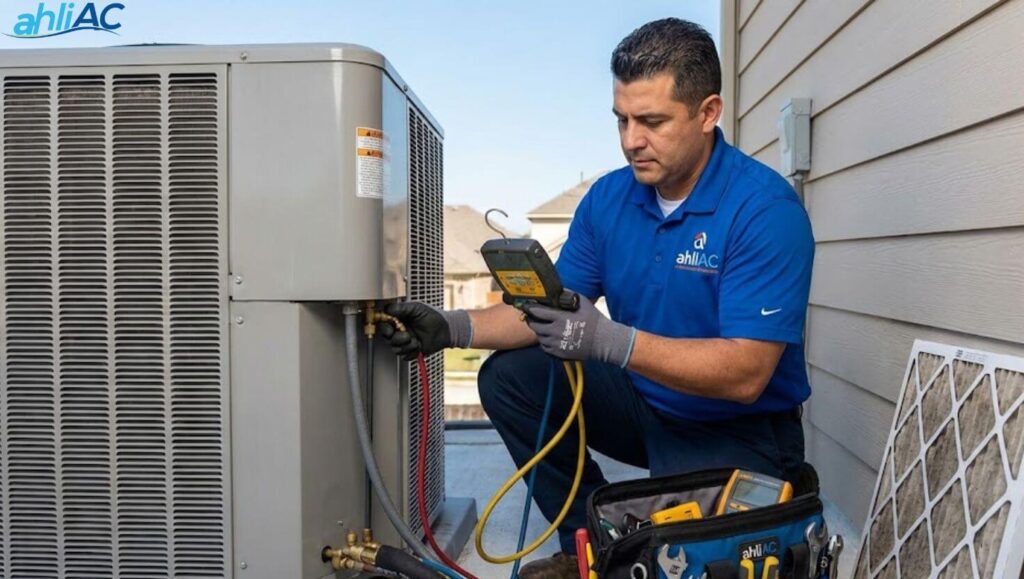 Teknisi ahliAC melakukan pengecekan unit outdoor AC Daikin