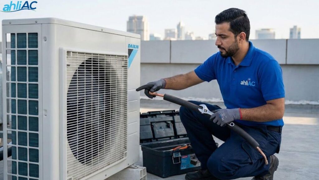 Teknisi ahliAC melakukan instalasi unit outdoor AC Daikin 1/2 PK dengan standar vakum