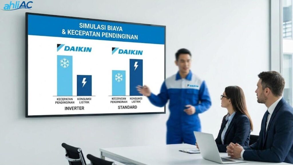 Grafik perbandingan konsumsi listrik AC Daikin 1/2 PK Inverter dan Standar selama 8 jam
