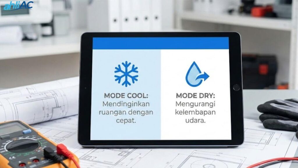Infografis perbedaan simbol mode cool dan mode dry pada remote AC Daikin