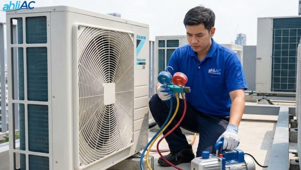 proses vacuum ac daikin ahliac Teknisi ahliAC sedang melakukan vakum instalasi AC Daikin 1 PK untuk menjaga performa kompresor.