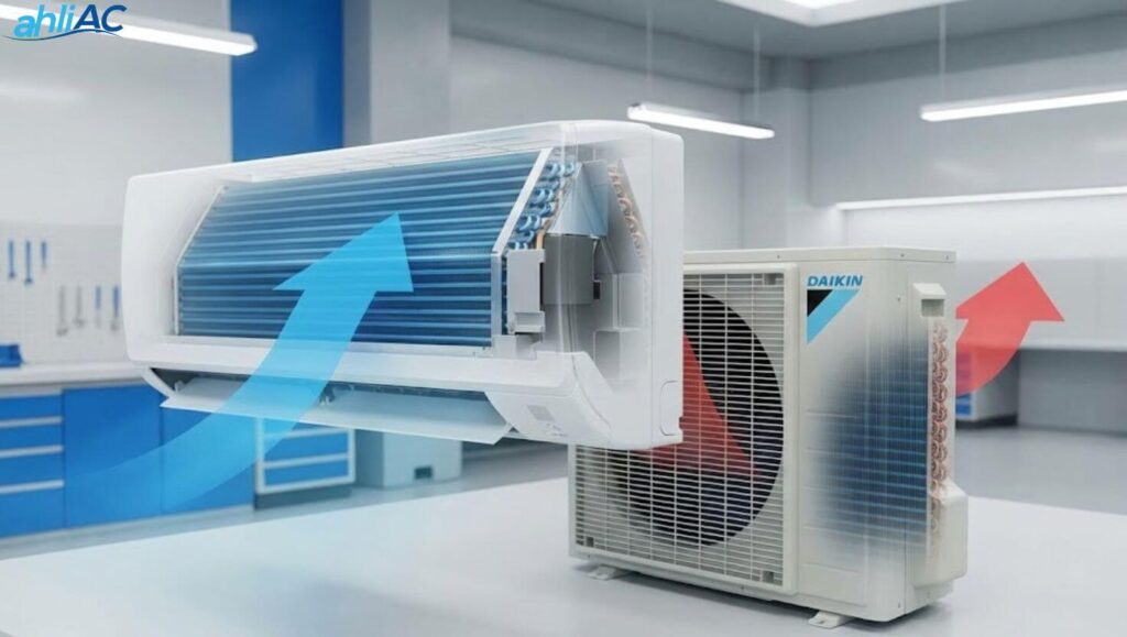 sistem airflow evaporator daikin ac Diagram komponen evaporator dan kondensor pada sistem pendingin Daikin AC.