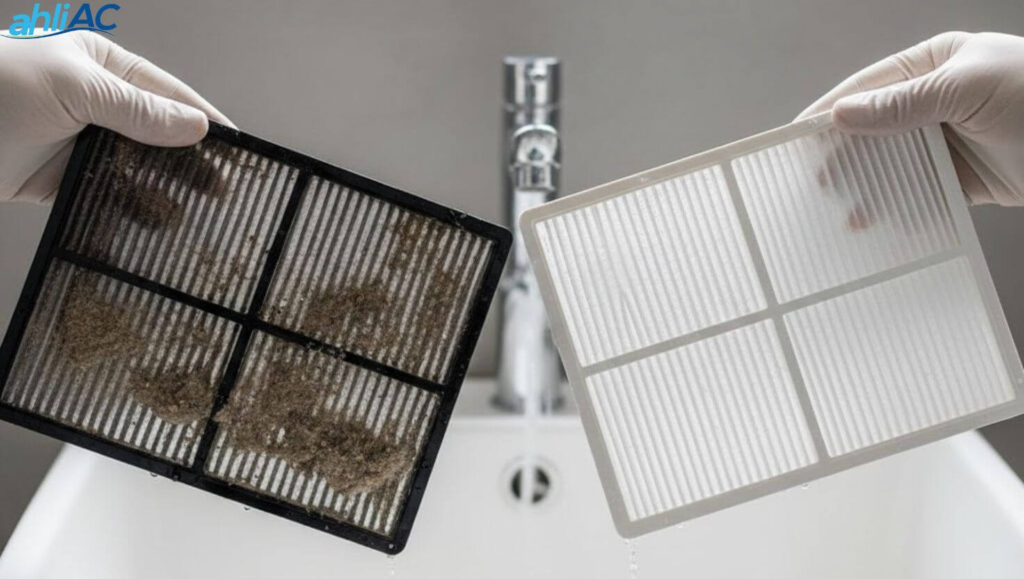 cuci filter ac portable midea Cara mencuci filter udara AC portable Midea menggunakan air mengalir.