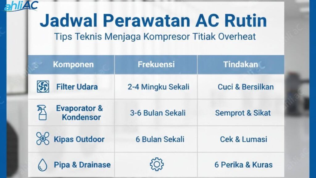 jadwal rutin maintenance ac portable Tabel jadwal rutin perawatan komponen AC portable agar awet dan hemat listrik.