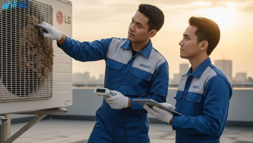 Teknisi memeriksa unit outdoor AC LG 1 PK untuk memastikan sirkulasi panas lancar.