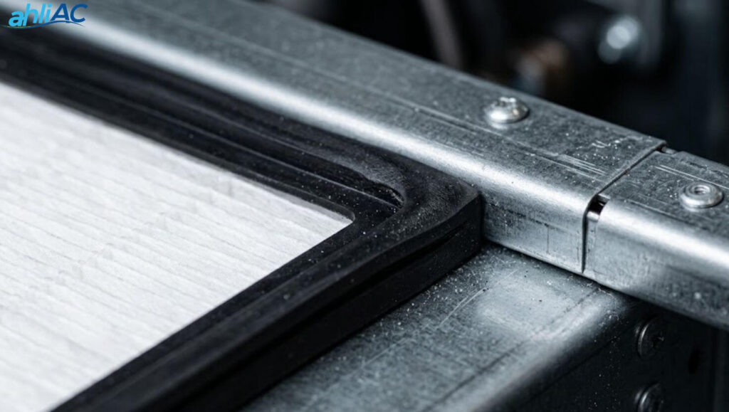 detail seal gasket filter hepa trox presisi Detail pengerjaan presisi pada seal (gasket) filter HEPA Trox yang terpasang rapat tanpa celah untuk mencegah kebocoran udara kotor.
