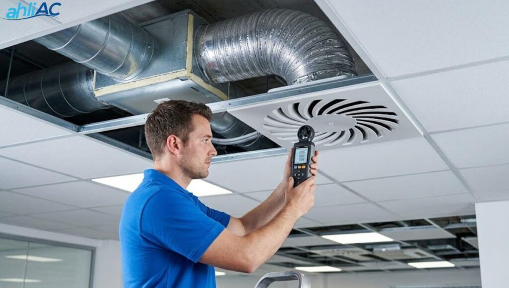 Professional HVAC technician performing airflow calibration on a newly installed Trox VAV system.