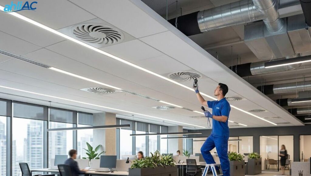 modern office hvac diffuser installation Properly installed Trox air diffuser in a modern office ceiling for optimal indoor air quality.