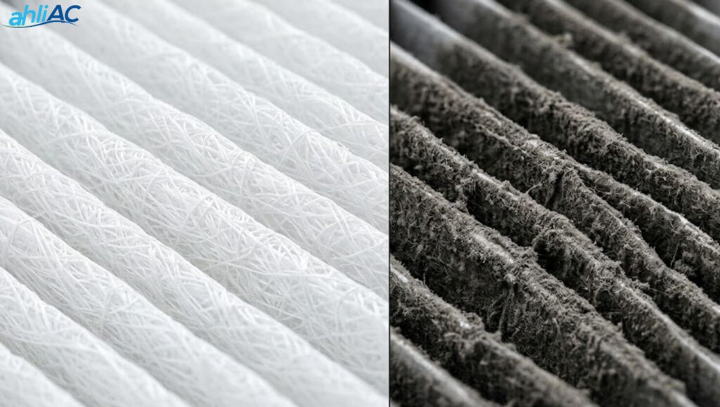 perbandingan filter hepa trox bersih vs kotor Perbedaan visual yang sangat jelas antara media filter HEPA Trox baru yang bersih dan filter bekas yang sudah kotor dan jenuh debu.