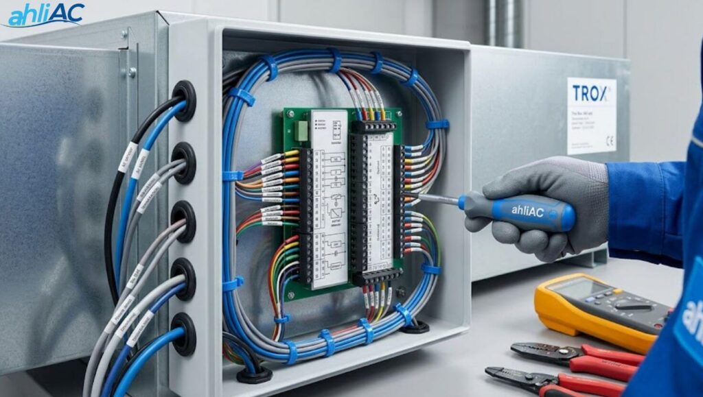 Neat electrical wiring and controller setup for a Trox VAV box system.