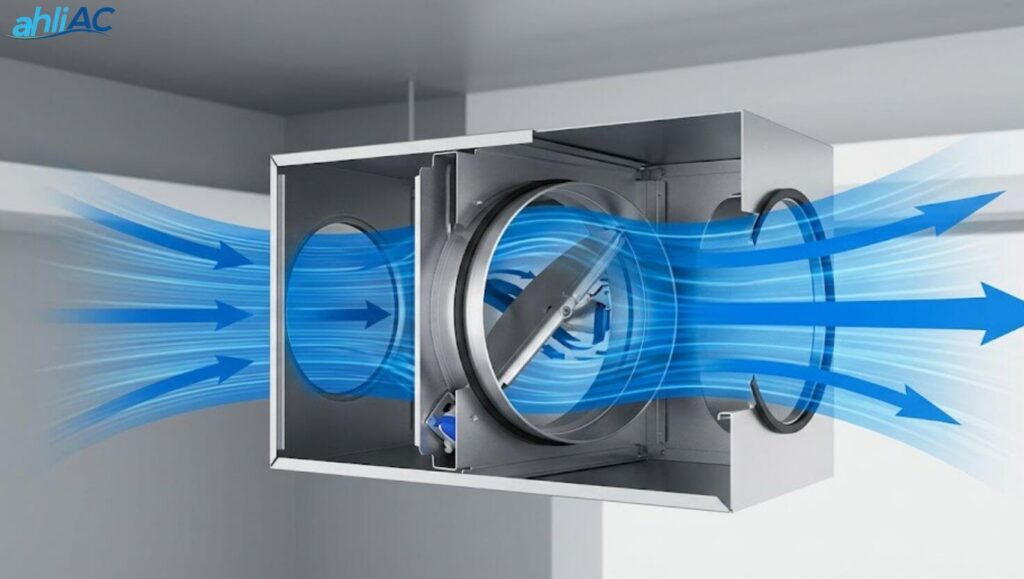 Internal mechanism of a Trox VAV box showing the damper adjusting airflow for energy saving.