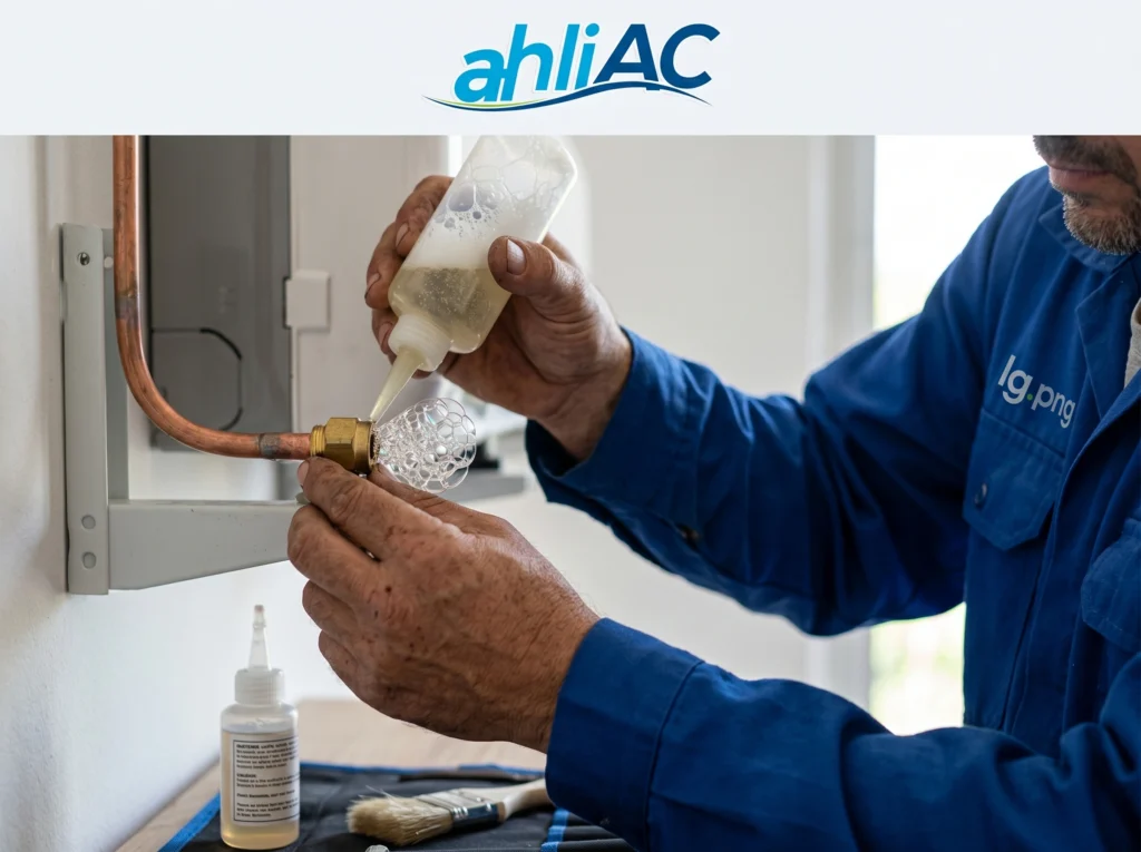 Proses deteksi kebocoran refrigerant pada sambungan pipa AC menggunakan metode gelembung sabun secara detail.