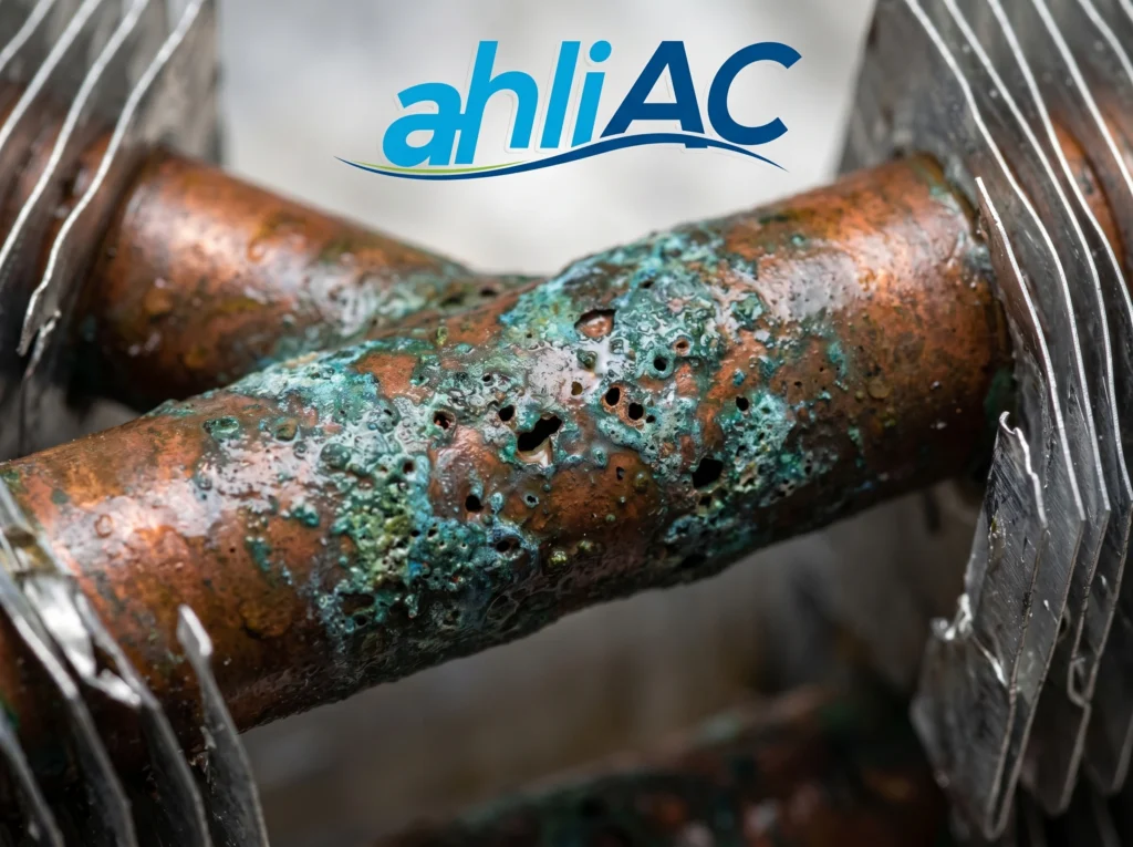 Close-up kerusakan korosi pada evaporator tembaga yang mengakibatkan freon ac bocor halus secara permanen.
