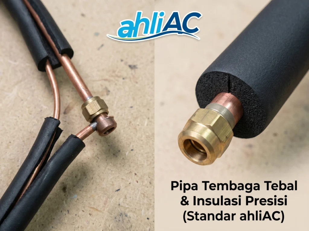 Standar pipa tembaga tebal dan insulasi presisi dari ahliAC untuk mencegah risiko freon ac bocor akibat tekanan tinggi.