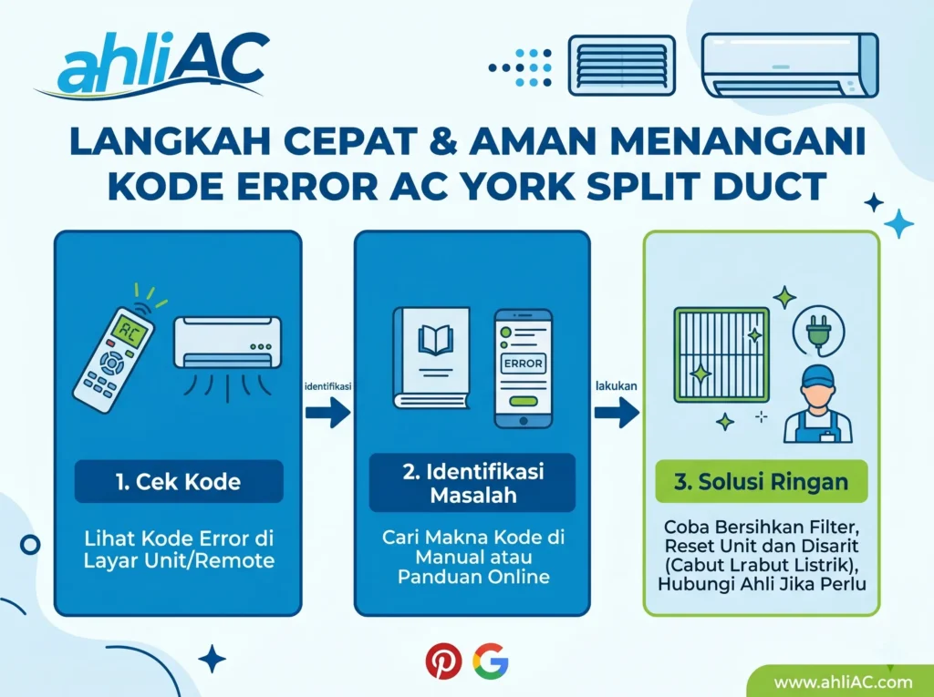 Infografis langkah-langkah menangani kode error AC York Split Duct secara cepat dan aman.