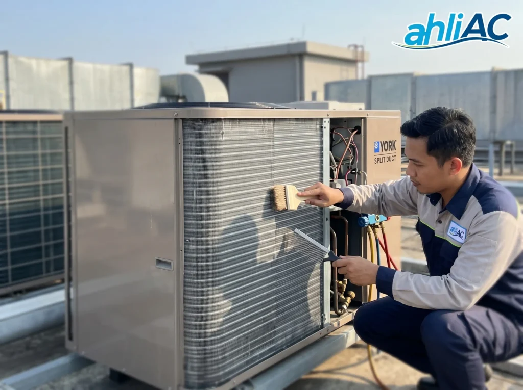 Proses pembersihan unit outdoor AC York Split Duct oleh tim ahliAC untuk menstabilkan tekanan refrigerant dan menghilangkan kode error.